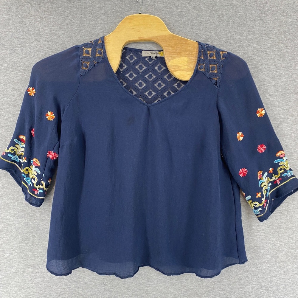 Figueroa & Flower Womens 1X Festival Peasant Hippie Boho Navy Embroidered Blouse
